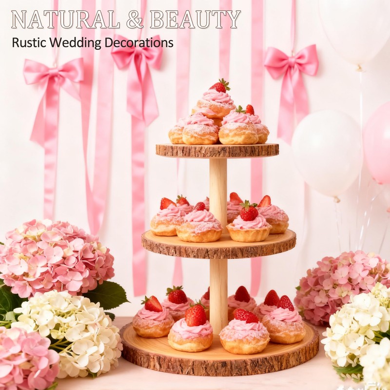 3-Tier Round Wooden Cupcake Stand, Rustic Natural Bark Wood Dessert