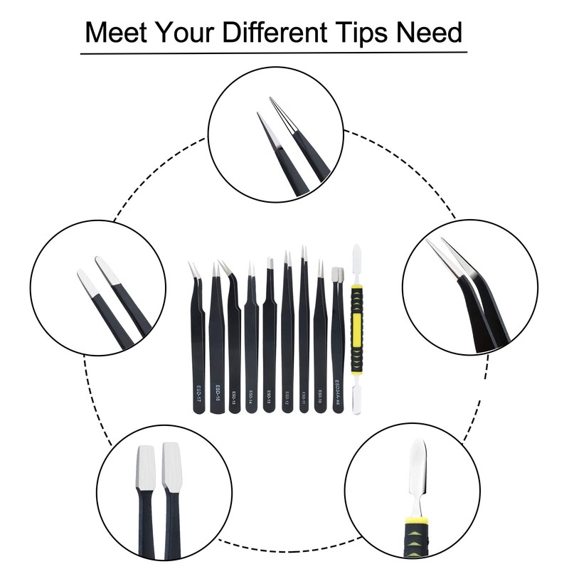 Anti-Static Tweezers ESD Pack of 10 Precision Tweezers Sets with