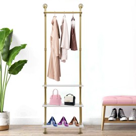 Gdrasuya10 Industrial Pipe Wall Mounted Clothes Rack Garment Storage Organizer Clothing Display Stand Large Heavy Duty Clothing Rack with 3 Shelves for Retail store, Entryway, Bedroom Gold