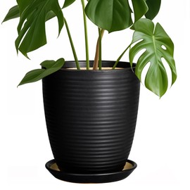 EPFamily Ceramic Plant Pot - 8 Inch Ceramic Planter for Indoor Plants Glazed Round Flower Pot with Drainage Hole and Saucer Black