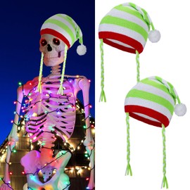 Evervibe 2 Pcs Giant 12 ft Skeleton Santa Hat 44 Inches Adjustable Christmas Velvet Skeleton Costume for Halloween Outdoor(Mixed Colors,Knit Style)