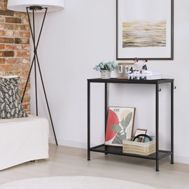 YBING Console Table Black Entryway Table Industrial 2-Tier Sofa Table with Mesh Shelf Small Entrance Table with Hooks for Entryway Living Room Bedroom Foyer Hallway Office
