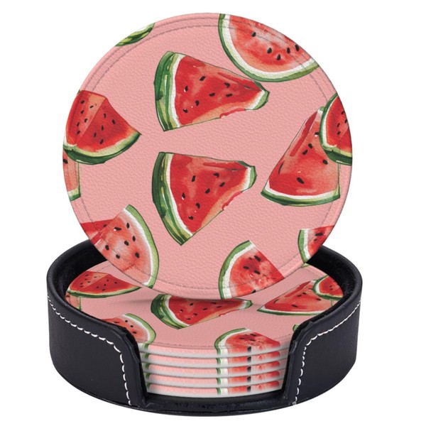 Neukim 6 Pcs Red Watermelon Leather Coasters with Holder -