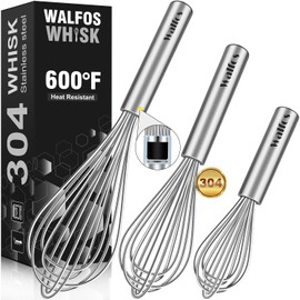 Walfos Whisk,304 Stainless Steel whisk,No-Rust 7+9+11inch Whisks for cooking Nice for Blending,Whisking,Beating.Heat resistant 600°F Dishwasher Safe. Heavy duty kitchen whisk.17.7+22.8+27.9cm -SILVER
