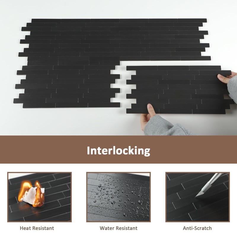 12 Sheets Black Peel and Stick Backsplash, Brushed Metal Subway