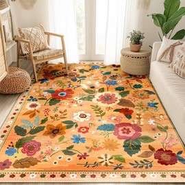 RELEANY Floral 2x3 Area Rug Machine Washable Boho Carpet Non Slip Doormat Low Pile Flower Area Rugs for Living Room Bedroom Kitchen Dining Room Hallway Entryway Indoor-Yellow/Orange