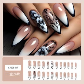 Flower Press on Nails Almond - Gradient Black White Fake Nails, French Tip Press on Nails with Ink Flowers Designs, Cute Glue on Nails for Women, Reusable Stick on Nails - 24Pcs False Nails Kit