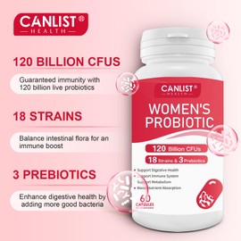 CANLIST Women's Probiotics120 Billion CFUs 18 Strains 3 Prebiotics & Digestive Enzymes Contains Organic Prebiotic Cranberry Women's Health Digestive & Immune Support Non-GMO Soy Gluten Dairy Free