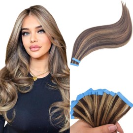 Brown Blonde Tape in Hair Extensions Human Hair Seamless Hair Extensions Tape in Real Human Hair 16 Inch