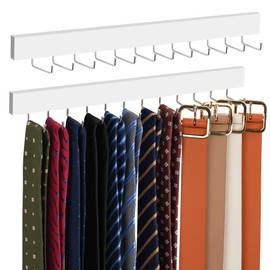 ZEDODIER 2 Pack Wodden Tie Hanger Wall Mounted, Space Saving Belt Organizer for Man with 24 180° Rotating Hooks, Space Saving Belt Storage Holder, White