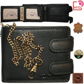Hill Burry RFID Leather Wallet with Chain for Men in Black with Coin Compartment and Embossed Genuine Leather Wallet Biker (Landscape Format, Hill Burry Collection), black, Classic