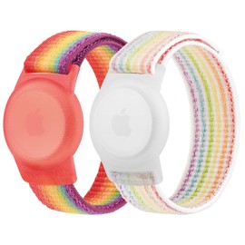Meliya Nylon AirTag Bracelet for Kids, 2 Pack Nylon Watch Bands Compatible with AirTag, Adjustable Anti Lost Wristband for Toddler Child Elders Small Large (Rainbow, Large (5.1"-7.4"))