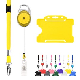 Retractable Lanyard and Badge Holder Trio Triple Pack by LanyardsTomorrow - Set Includes A Single Plain Lanyard, Extendable Carabiner Yoyo Reel Clip and Rigid ID Card Holder (Yellow)