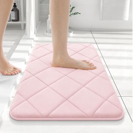 OLANLY Memory Foam Bath Mat 24x16, Ultra Soft and Absorbent Bathroom Rugs, Machine Washable, Comfortable Bath Carpet for Bathroom Floor, Tub and Shower, Pink