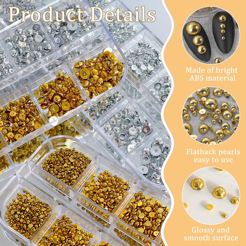 GZMAYUEN 3D Flatback Beads Silver and Gold, 3D Half Beads