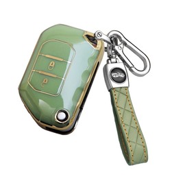 SANRILY 2 Button Key Fob Case for Jeep Wrangler Gladiator Keyless Soft TPU Golden Edge Full Protection Flip Key Cover Shell with Keychain Matcha-Green