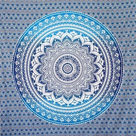 MOMOMUS Mandala Tapestry – Natural – 100% Cotton Aesthetic, Multipurpose – Wall Towel / Beach Towel XXL – Wall Decoration Living Room Decoration Bedroom – Blue, 210 x 230 cm