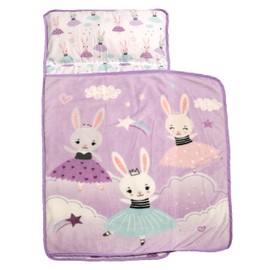 Bunny Ballerina Toddler Naptime Blanket with Attached Removable Pillow, 44”x20” Kids Super Soft Rest Nap Mat, Rollup and Close with Straps & Carry Handle for Preschool, Daycare and Sleepovers