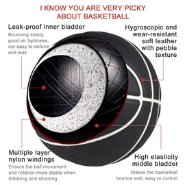 MINDCOLLISION 5/6/7 smile basketball, PU soft leather basketball, good dribbling and shooting, birthday, suitable for indoor and outdoor play,Black,No. 7