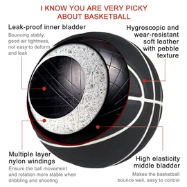 MINDCOLLISION 5/6/7 smile basketball, PU soft leather basketball, good dribbling and shooting, birthday, suitable for indoor and outdoor play,Black,No. 7
