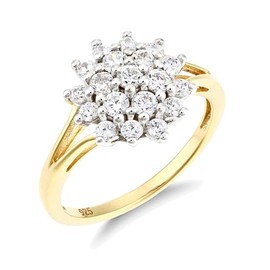 Old English Jewellers 9ct Yellow Gold on Silver 1.00ct Sparkling Cluster Ring size J K L M N O P Q R S T U V (R)