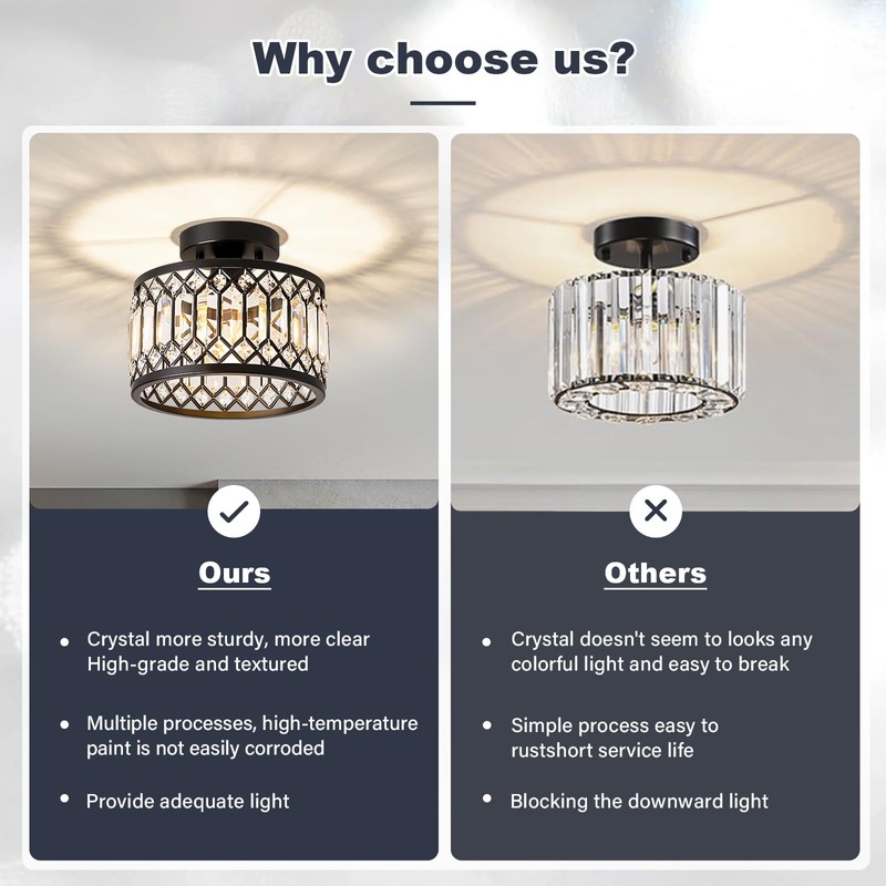Pevfah Crystal Black Ceiling Light, Modern Semi Flush Mount Ceiling