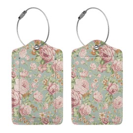 2 Pack Pink Rose Luggage Tags for Suitcases, Colorful Bunch Retro Nostalgic Floral Suitcase Name ID Label and Metal Loop for Women Men Baggage Bag
