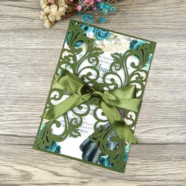 25 tarjetas de invitación de boda cortadas con láser, color verde oliva con sobres, hojas interiores en blanco, cintas para bodas, despedidas de soltera, quinceañera, invitaciones de cumpleaños