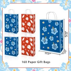 16pcs Paper Gift Bags Cute Cartoon Hawaii Summer Tropical Party Favor Bag Candy Treat Bags, Double Side Paper Goodie Bag Print Flower Patterns with Handles Snack Gifts Pouch for Boys Girls Kids Birthday Baby Shower