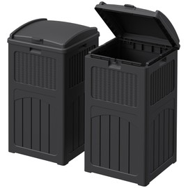 Devoko 33 Gallon Outdoor Trash Can with Dual Lid, Heavy Duty Waterproof Resin Garbage Bins Outside, Hideaway Waste Bins for Patio, Outside Pool, Backyard and Deck (2, Black)