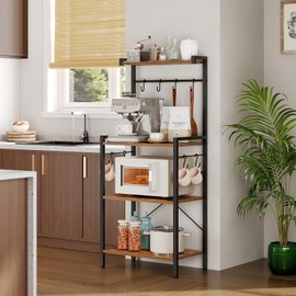HOOBRO Kitchen Bakers Rack with Storage, 4 Tiers Coffee Bar Station, Microwave Stand with 8 S-Shaped Hooks, Kitchen Storage Shelf Rack for Small Spaces, Rustic Brown and Black BF04HB01