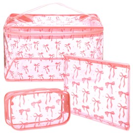 Kacctyen 3 Pcs Coquette Pink Bow Makeup Bag Set Pink Bow Quilted Travel Cosmetic Bag Cute Coquette Waterproof Portable Travel Storage Organizer Clear Makeup Pouch Large Toiletry Pouch for Women Girls