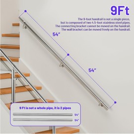 ZALNVEY 9 Ft Industrial Metal Stairs Handrail Kit, Sturdy Wall Mount 304 Stainless Steel Hand Rail, Indoor Outdoor Stair Railing Wood Concrete Brick Wall,1.65 in Round Pipe Grab Bar, Silver