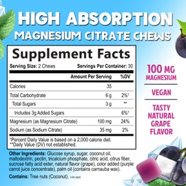 Nature's Nutrition Magnesium Chews Supplement with High Absorption Magnesium Citrate for Heart, Bone, Muscle, & Nerve Health Support, Calm Support Soft Chews, Vegan Chewable Gummies, Grape-Flavor - 60 Count per Pack