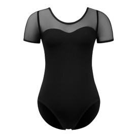 Hanebel Women Ballet Leotard Mesh Short Sleeve Dance Leotard for Adult, Mesh Round Neck Splicing, Full Front Lining (JD23712-06-S)