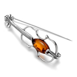 Women's Violin Pin Badge Sterling Silver with Amber Accent