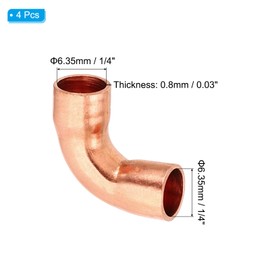 PATIKIL 1/4" ID 0.8mm Thick Elbow Copper Fitting, 4Pcs 99.9% Pure Copper Pipe Fitting 90 Degree Short Radius Tube Connector Sweat Solder for HVAC Refrigeration System