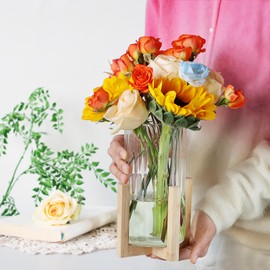 Glass Cylinder Vase with Wood Base,Bud Vase for Centerpieces,8 Inches Clear Ribbed Flower Vases,Tall Glass Hurricane Candle Holder,Wooden Vase Decorative for Home Decor,Wedding,Housewarming Gift