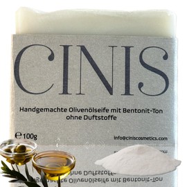 CINIS Organic Olive Oil Soap with Bentonite Clay - Handmade 100% Natural Soap without Fragrances for Sensitive Skin - e100g