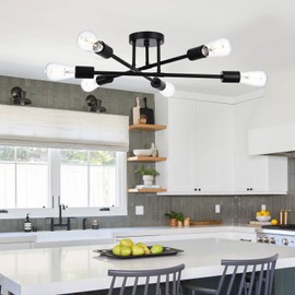 BONLICHT Modern Ceiling Lighting Mid Century Black Sputnik Chandelier 6-Light Industrial Semi Flush Mount Sputnik Light Fixture Ceiling for Kitchen Dining Room Bedroom Foyer Hallway Entrance Office