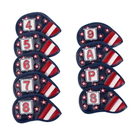 Leather Golf Club Iron Head Covers 9 Piece Set Headcover Protector Stars and Stripes