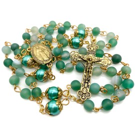 Nazareth Store Catholic Gold Rosary Necklace Matte Stone Beads Green Pearl Round Beads Miraculous Medal & Cross - Velvet Bag