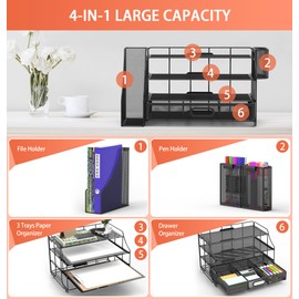 Turfson Desk Organizer with Drawer, Office Desktop File Paper Holder Organization 4-Tier Office Supplies Storage For Document Magazine 2 Pen Pencil Holder Caddy Rack For School Workspace