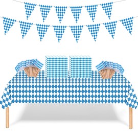 Oktoberfest Decoration, 151 Pieces, Decorative Oktoberfest, 100 Toothpick Flags, 1 Tablecloth, 40 Napkins, 10 Colourful Flags, Bavaria Decoration for Household, Catering