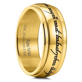 King Will Stainless Steel Gold One Ring for Men, 8mm Lord Magic Power Ring with Etched Pattern and Rotating Surface, Wedding Band High Polished Comfort Fit Size 12