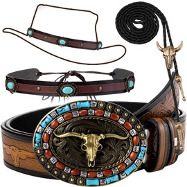 Panitay 3 Pcs Cowboy Accessories for Men Including Western Buckle Belt Hat Band for Cowboy Hat Vintage Bolo Tie (No Hat) (Delicate Style) Brown