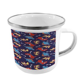 Ambesonne Dinosaur Steel Camping Mug, 3 Different Cartoon Dinosaurs Funny Expressions and Bones Theme, Printed Thermal Cup for Camping and Outdoor Activities, Navy Blue Orange Red
