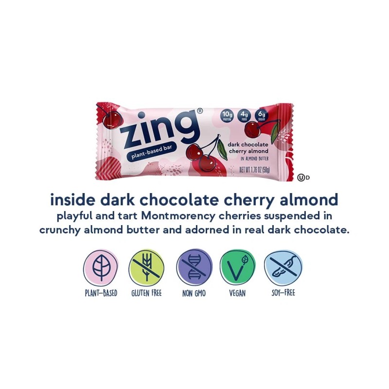 ZING BARS Dark Chocolate Cherry Almond Bar 1.76 oz (Pack