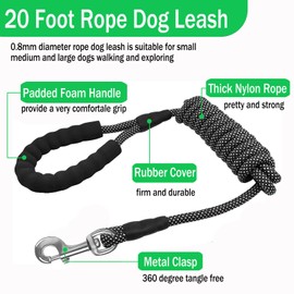 Heavy Duty Long Dog Leash 20 feet Leash for Dog Training, Reflective Long Leash for Dog Long Line Dog Leash Check Cord Rope with Swivel Hook and Comfortable Padded Handle for Large Medium Small Dog
