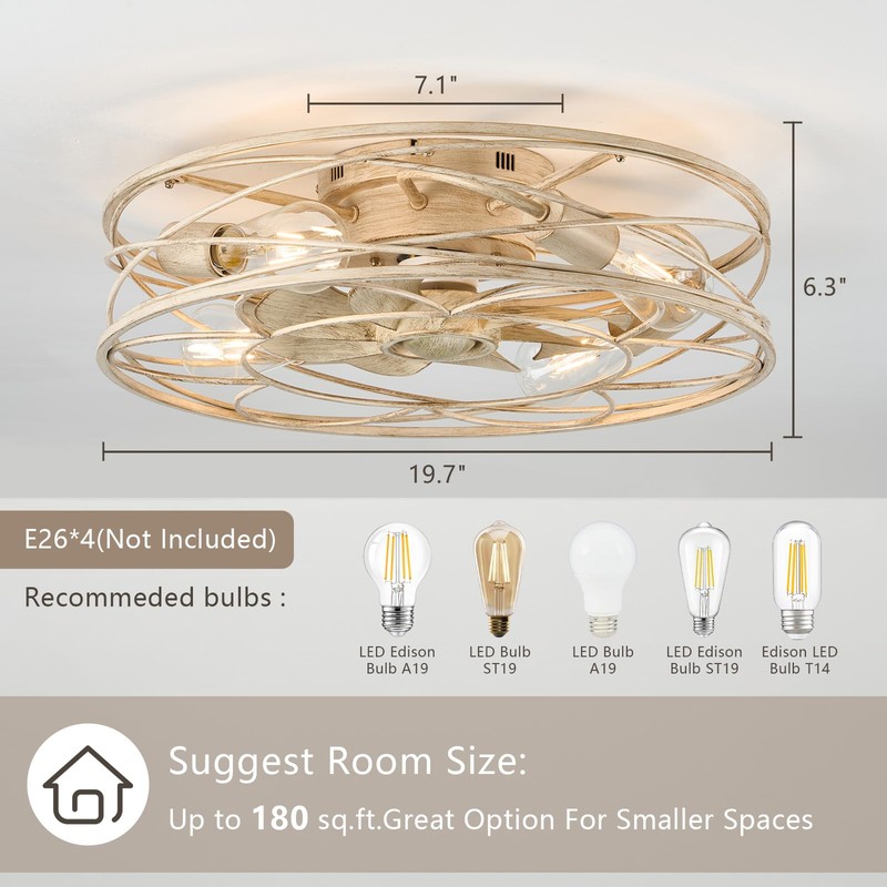 20 Inch Low Profile Caged Ceiling Fan with Light and